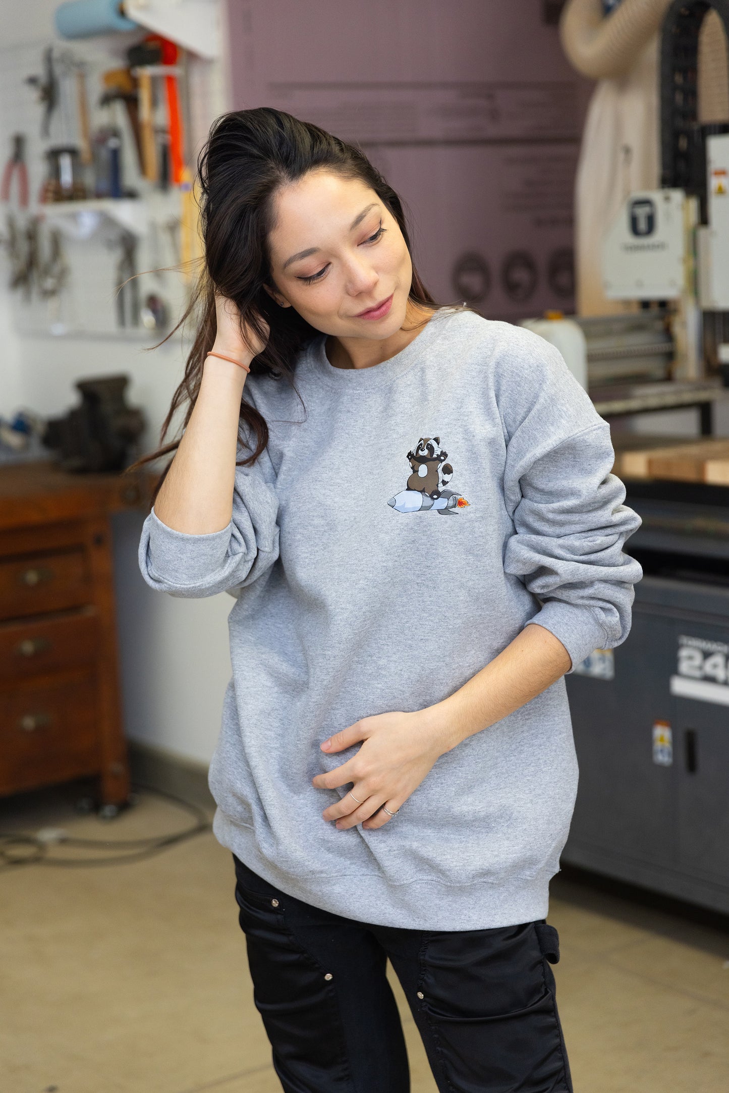 Raccoon on a Rocket on a Pocket Crew Sweatshirt