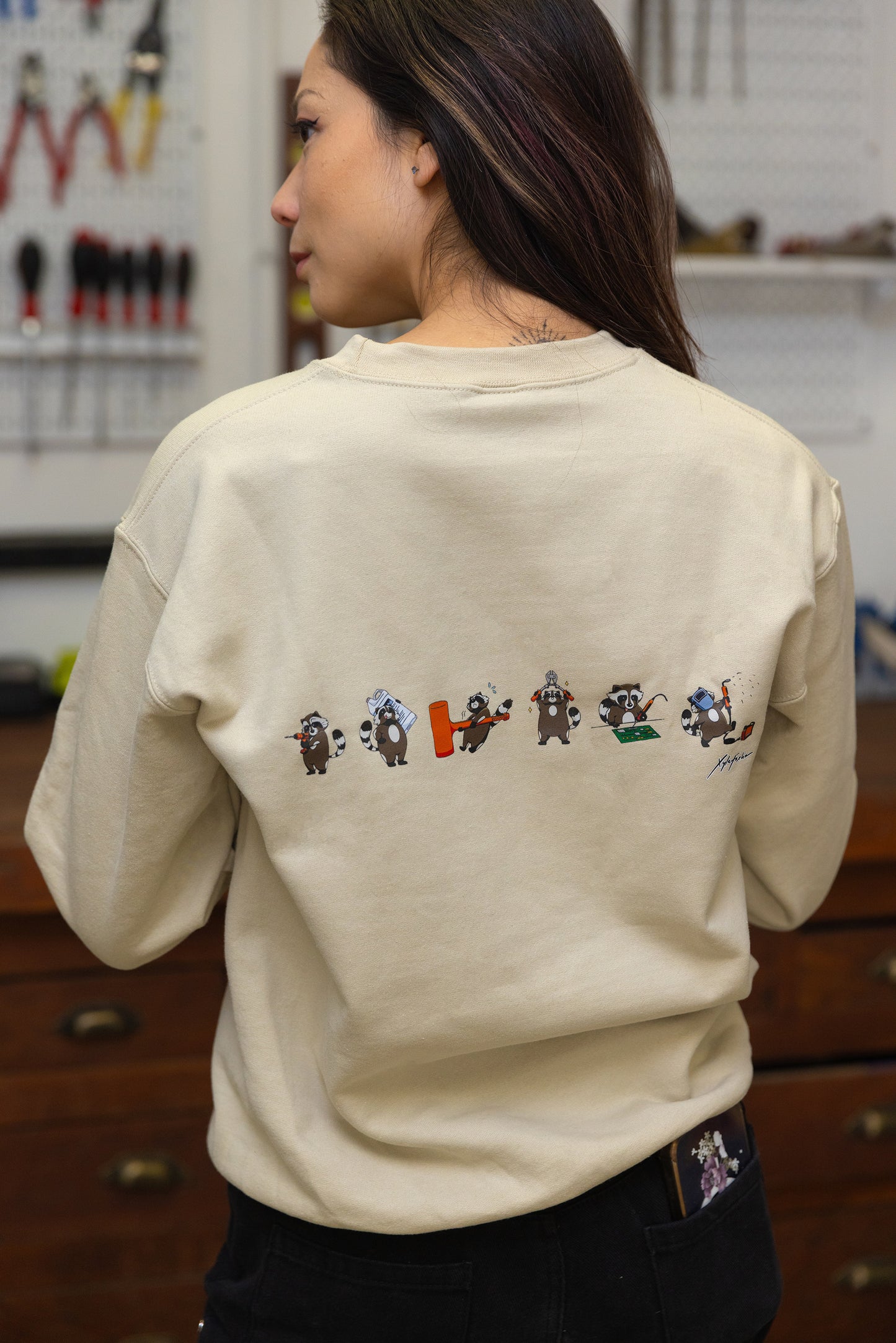 Raccoon on a Rocket on a Pocket Crew Sweatshirt