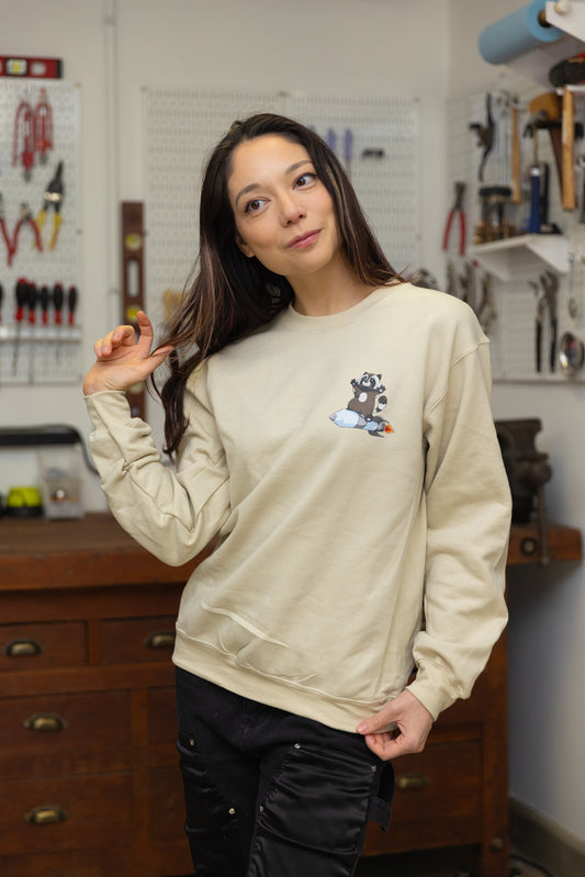Raccoon on a Rocket on a Pocket Crew Sweatshirt